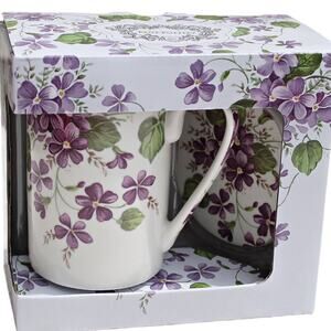 Kent Pottery 2 Pc Ceramic Tea Cup & Coaster Set Violet Floral Print NEW